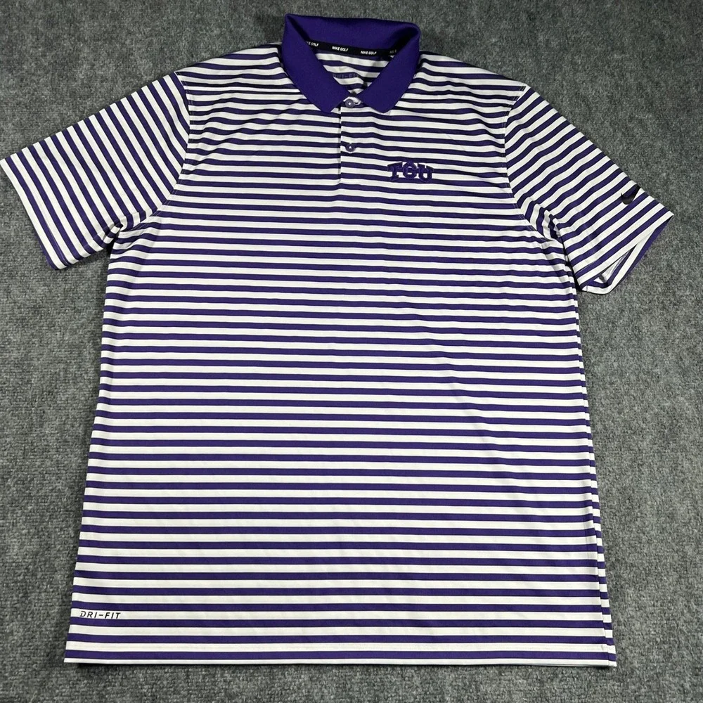 Nike Golf TCU Polo Shirt Mens Large‎ Purple Striped Dri-Fit Short Sleeve